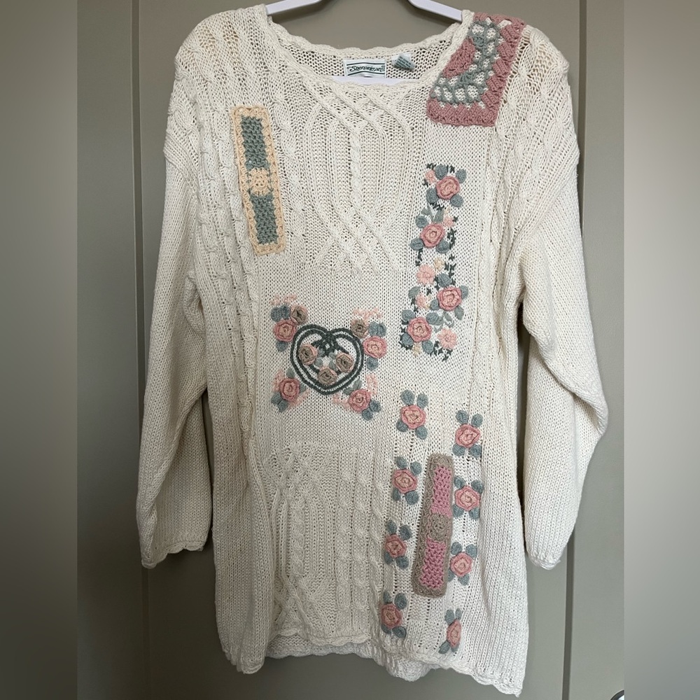 Vintage Pastel Floral Appliqué Cable Knit Sweater